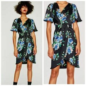 ZARA Black Floral Print Crossover Wrap Knot Dress Size Large Beautiful Fit